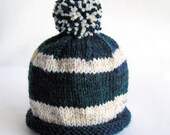 Navy and White Stripe Hand Knit Baby Hat with Roll Brim and Pom Pom, great Photo Prop