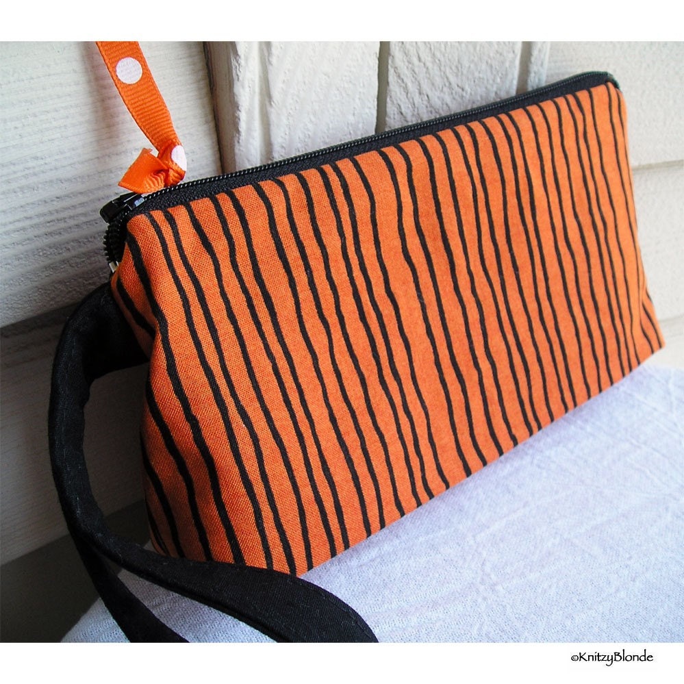 Halloween Orange and Black Cosmetics Wristlet Bag Zipper Pouch