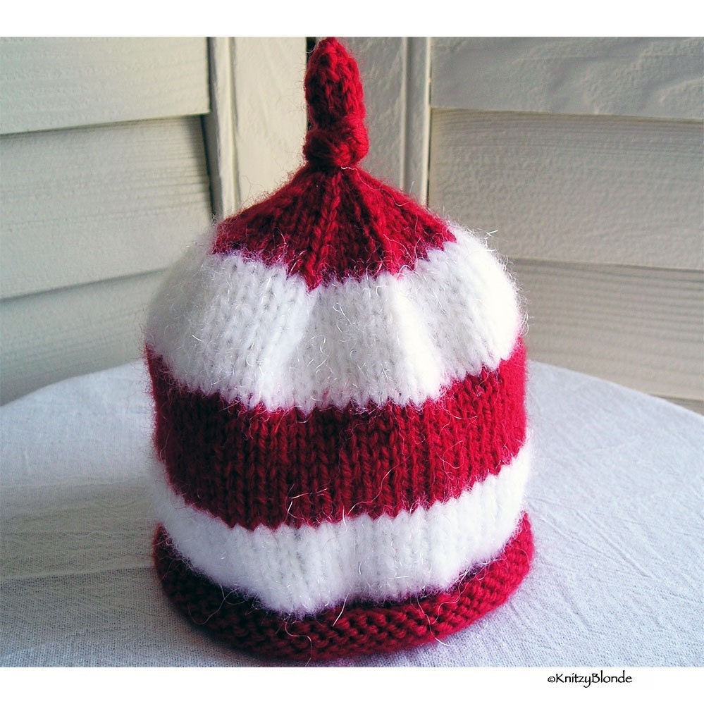 Striped Baby Beanie Hat Red And White  -  KnitzyBlonde