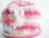 Baby Hat Cloche, Custom Size Double Flower, Pink & White Cotton Yarn