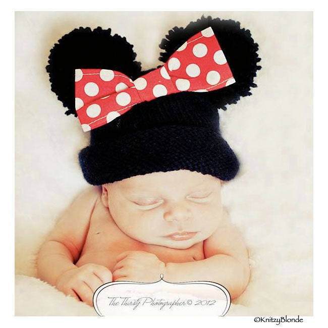 Mouse Ears Baby Hat Boy or Girl, Mickey or Minnie, You Pick the Size Custom Hand Knit