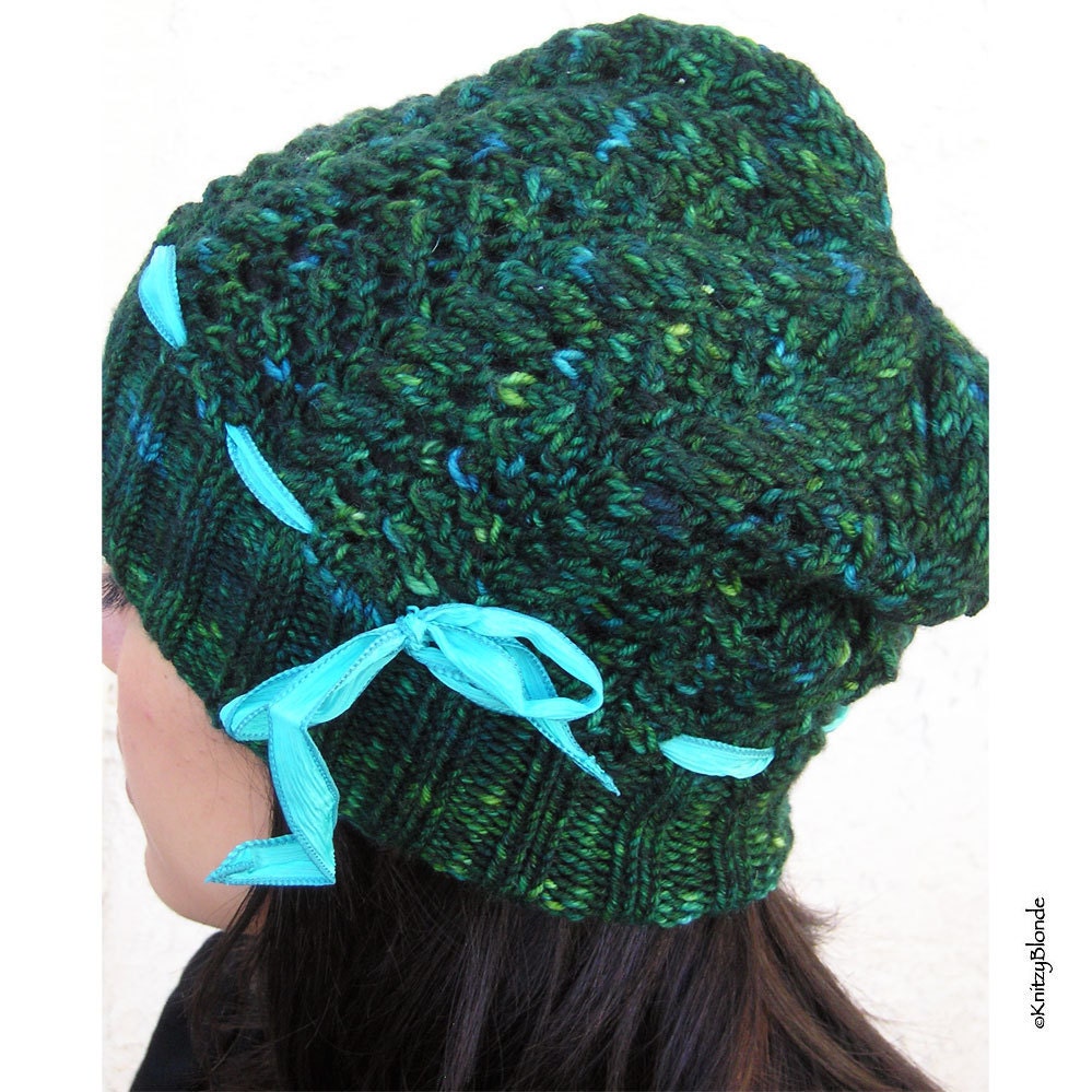 Hand Knit Slouch Hat, Cables & Lace, Cashmere Merino Wool, Forest Green, Turquoise Silk Ribbon
