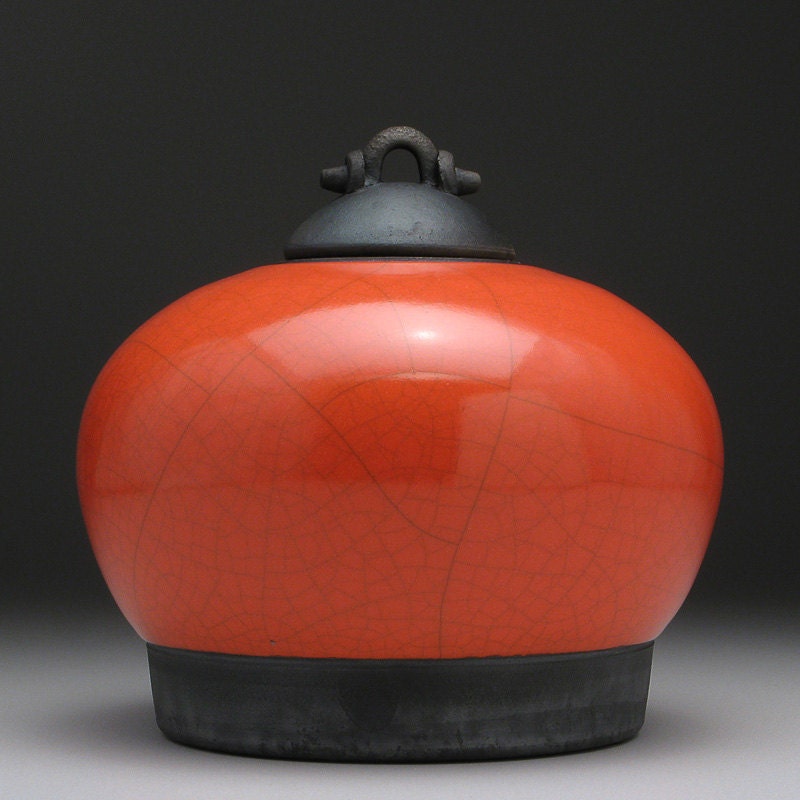 Red Orange ceramic Jar with lid,Raku Fired Covered Jar,handmade jar,art pottery,small urn