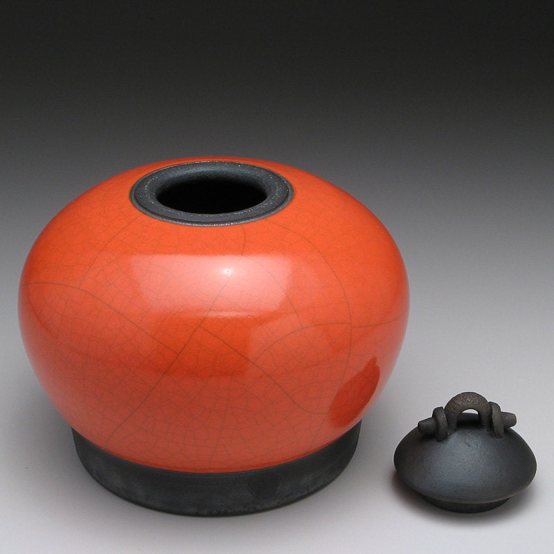 Red Orange ceramic Jar with lid,Raku Fired Covered Jar,handmade jar,art pottery,small urn