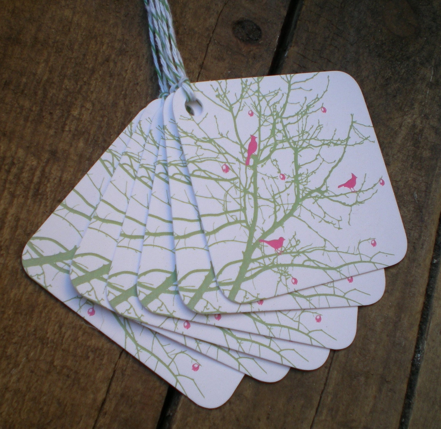 Spring Berry Branch Bird Tags - set of 5