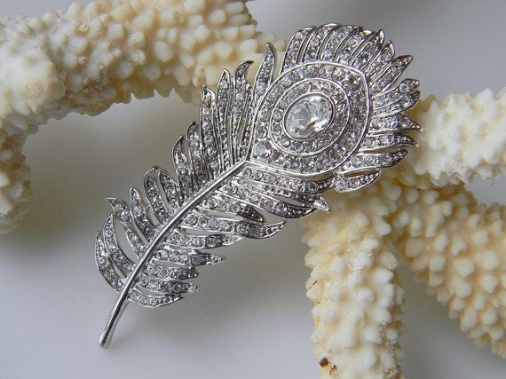 Rhinestone Peacock Feather Bridal Hair Clip - Crystal Clear - Bridesmaid Hair Clip - Wedding