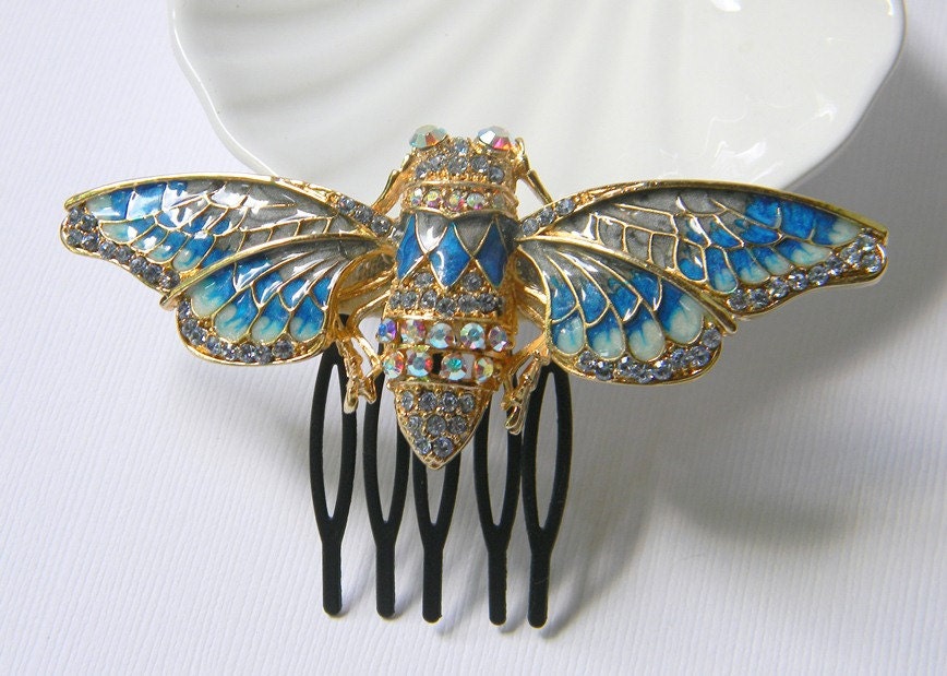 Cicada Hair Comb - Insect Comb - Blue and Cream Enamel Comb - Gold - Swarovski Rhinestone Comb - Bug Comb - Original