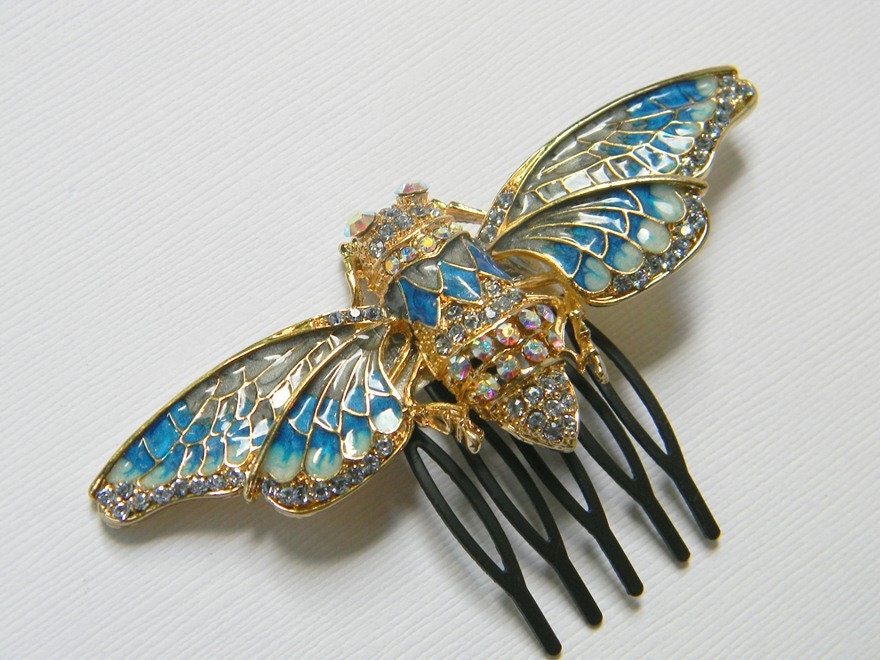 Cicada Hair Comb - Insect Comb - Blue and Cream Enamel Comb - Gold - Swarovski Rhinestone Comb - Bug Comb - Original