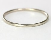 Single 14k White Gold Stack Band Ring - Solid 14k White Gold thin 1mm hammer textured band