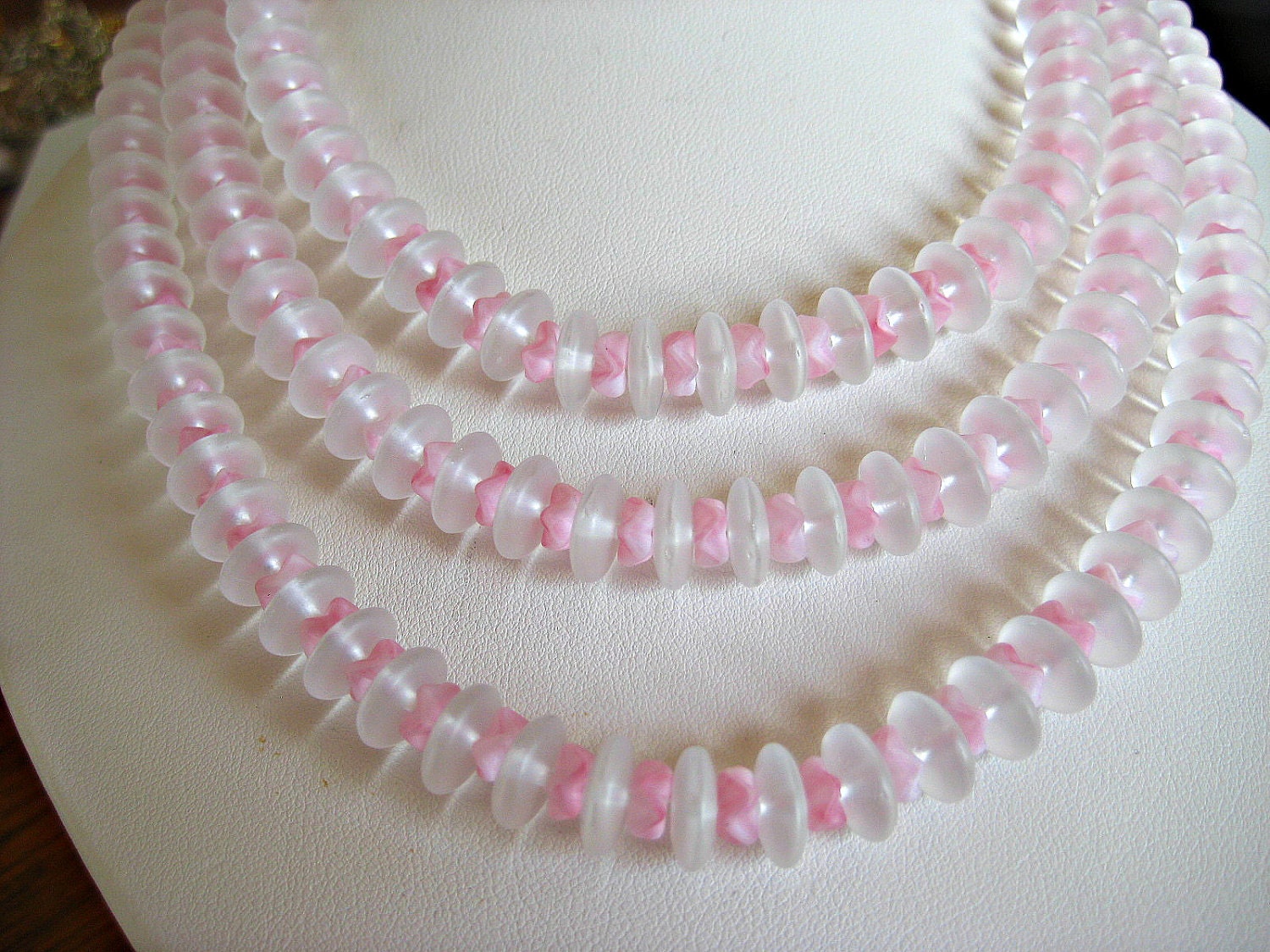Art Deco Glass Necklace Pink Three Strand Bead