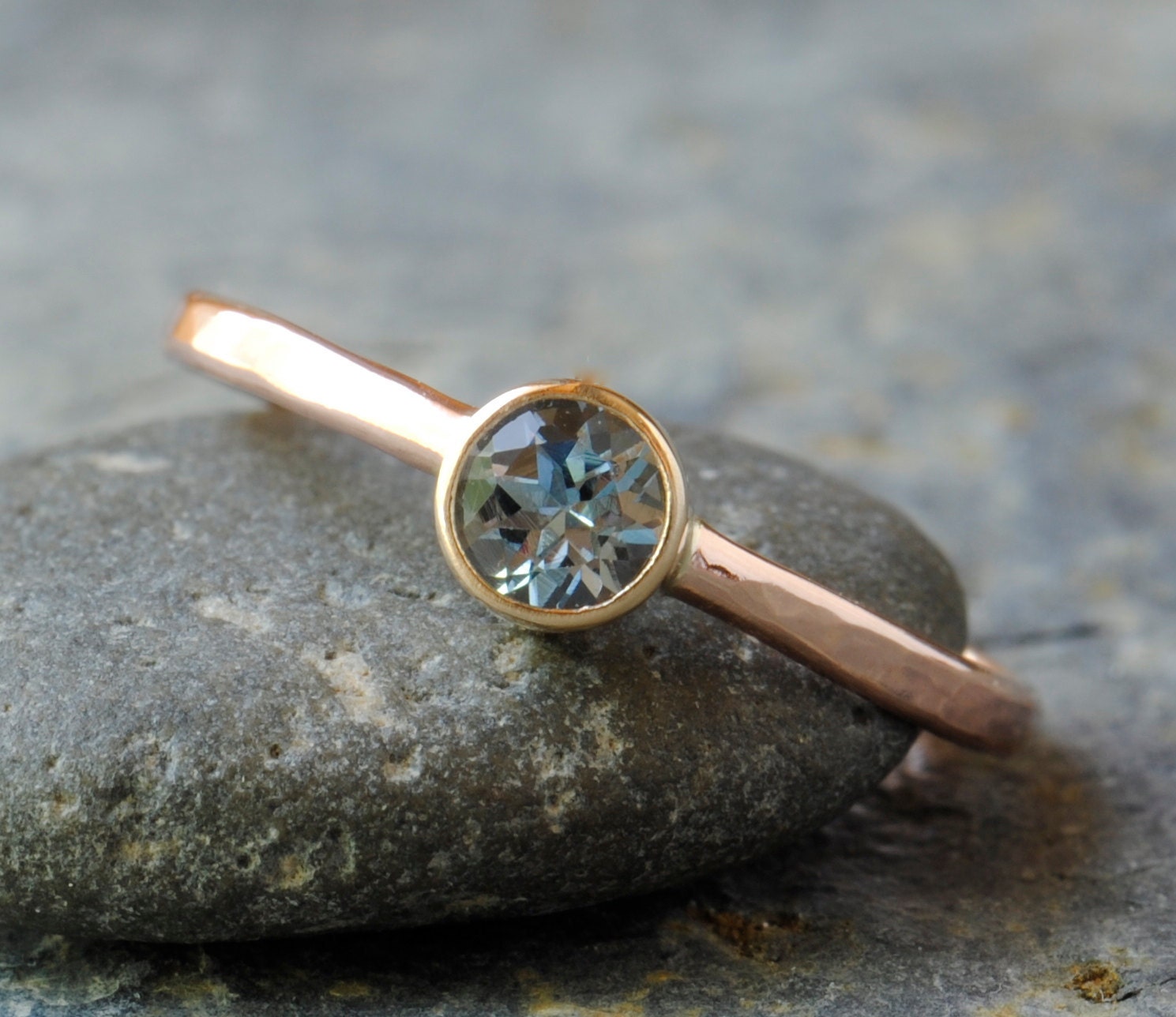 Aquamarine Engagement Ring in 14k Rose Gold, Diamond Alternative Ring