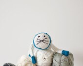 Crocheted Cat Baby Toy Amigurumi  for Baby Boys and Baby Girls  - White Blue Teal Cotton - Baby Shower - OOAK - Long Cat Who Loves Sea