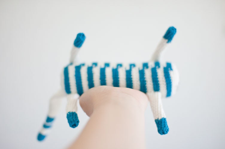 Crocheted Baby Toy for Baby Boys and Baby Girls - White Blue Brown Bamboo Cotton Wool - OOAK - Long Cat Who Loves Sea