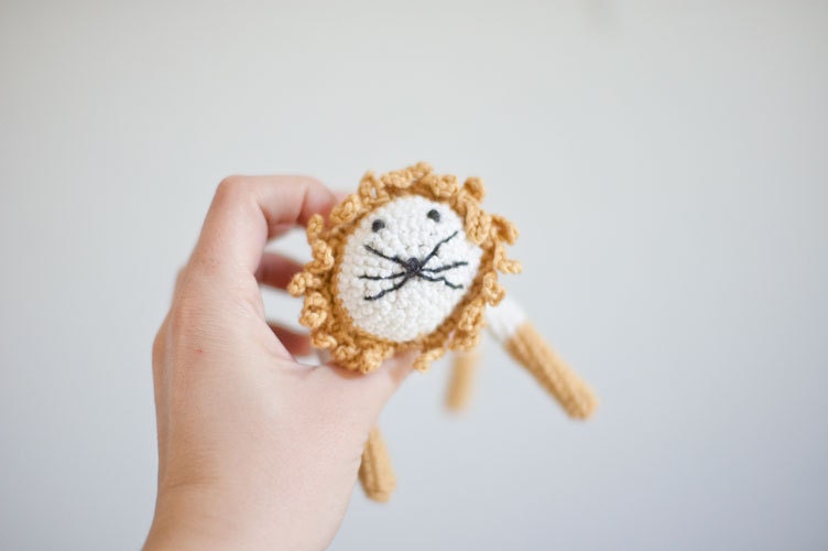 Crocheted Lion Baby Toy for Baby Boys and Baby Girls  - White Mustard Pastels Cotton  - Made to Order - Baby Shower - OOAK - The Long Lion