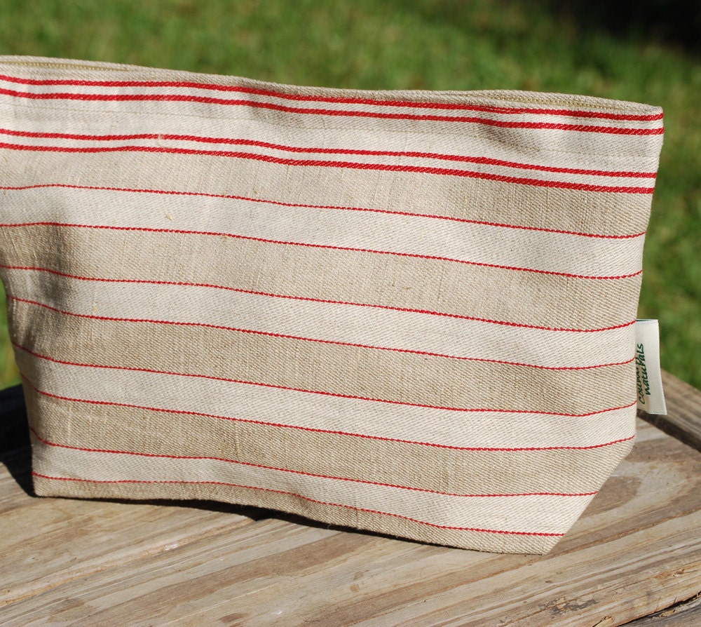 Large Vintage Linen Storage Bag---Wheat-Cream-Red  Stripes