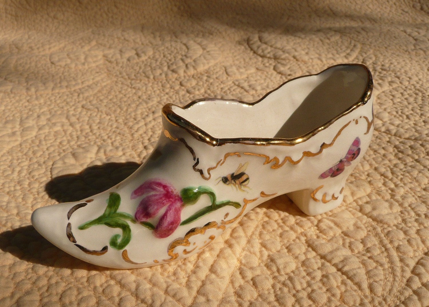 Pink Roses, Butterflies and Bees on an Antique Style Shoe