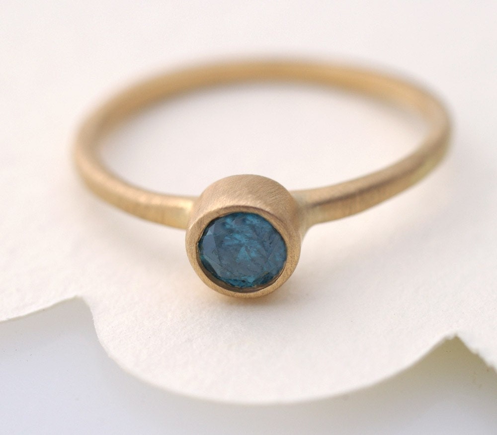 Blue Diamond Engagement Ring, 14K Recycle Gold Ring, 4mm Diamond Engagement Ring, Diamond Ring