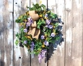 Spring Wreath, Pansies, Forsythia, Wisteria, Ivy, Burlap