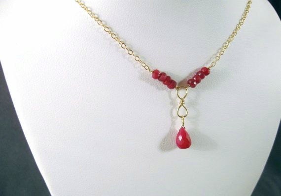 Ruby Infinity Necklace- Gold Filled, Hammered Wire