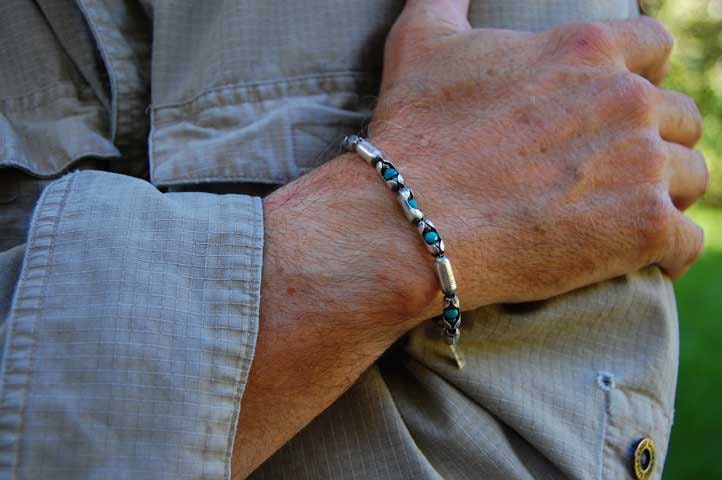 The Don, Mens Sterling Silver Braclet, Womens Bangle Bracelet, Antiqued Sterling Bracelet with Turquoise Semi-Precious Stones, Men's Cuff