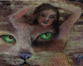 original art drawing aceo card green eyed cat woman