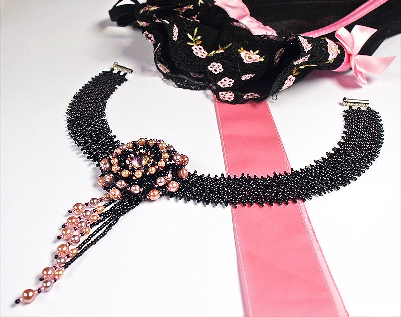 RESERVED for Maricel - Handmade Unique Luxurious Asymmetric Floral Swarovski Rivoli Pendant Swarovski pearls beaded collar necklace