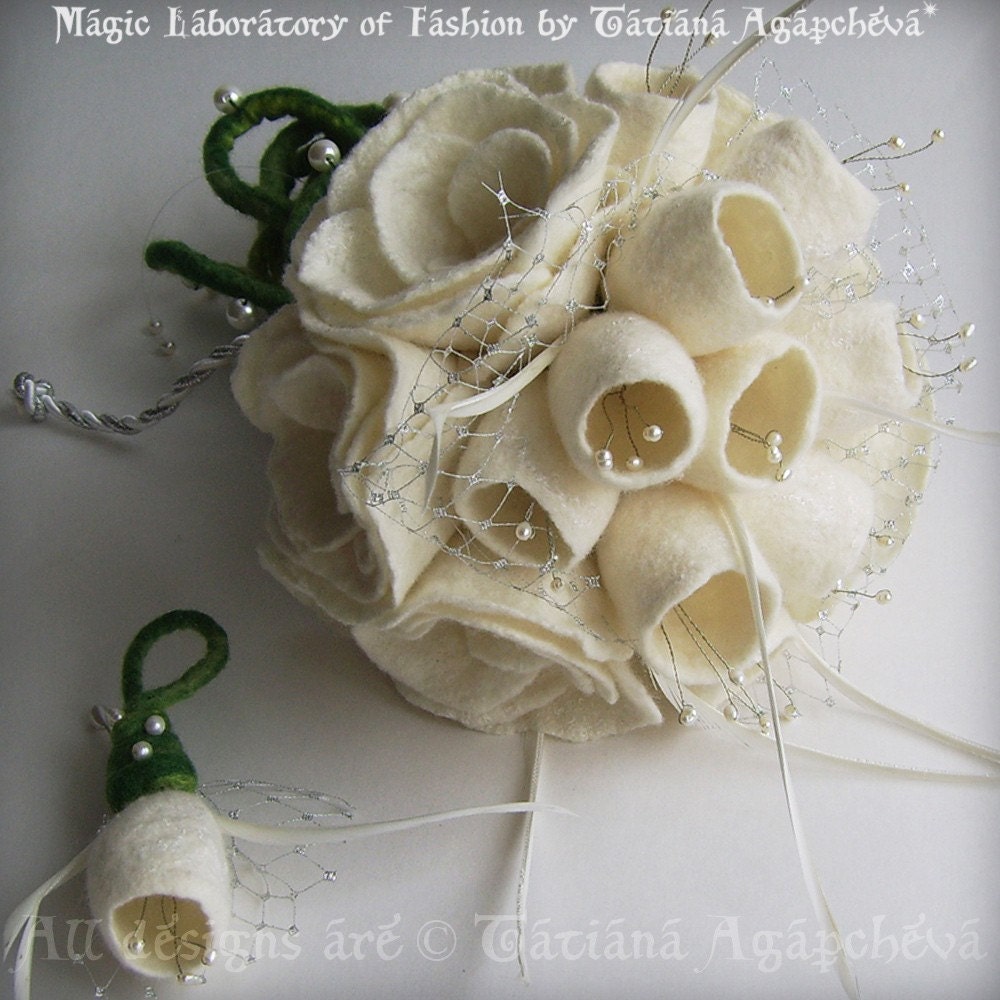 BOUQUET Set Wedding Freshwater Pearls /The Formula of Love/ Ivory Bell Flowers,Roses FREE SHIPPING