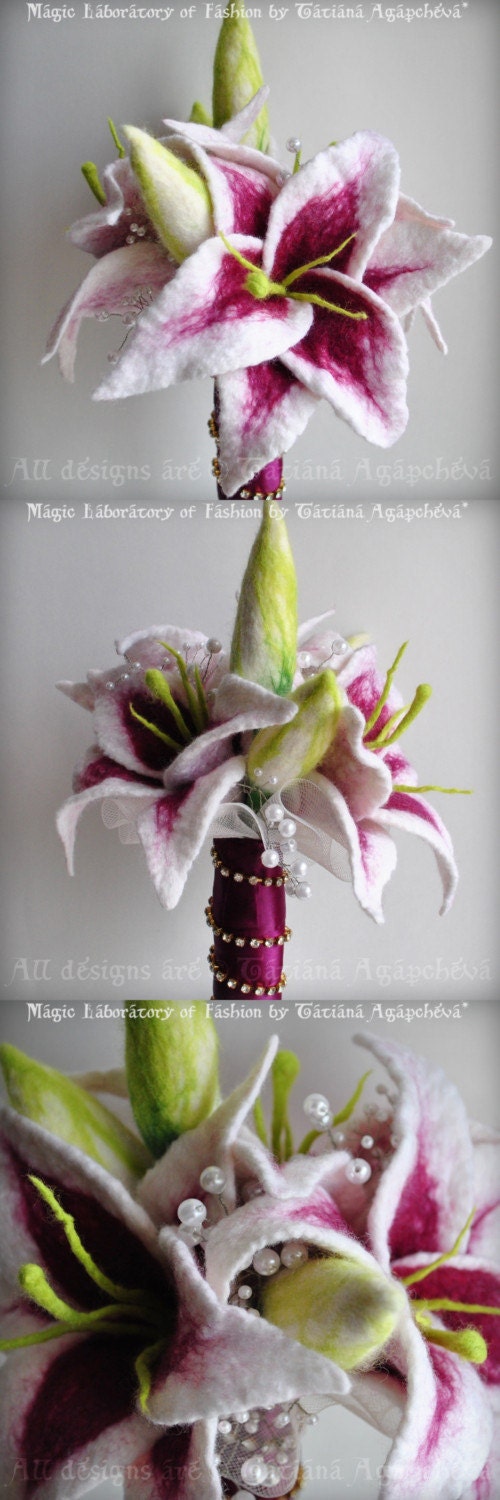 Bouquet Stargazers Bridal  Felt, Pearl Baby Breath, Pink Green Cherry White /IDYLLE/ Free Groom's Boutonniere