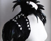 Bolero Shrug La Marquise Casati Goth Decadent Felted Black Silk Chiffon Nunofelt, Feathers Empress Collar Epaulettes Sleeves Rhinestones
