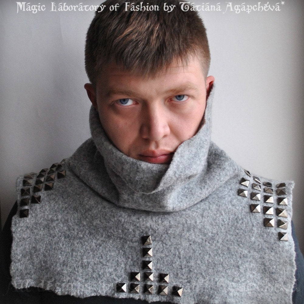 Scarf Men Grey Merino Felted Cowl Scarf Neckwarmer Poncho Cape Urban Military Unisex Punk Rock Studs /My KNIGHT/ Winter 2011