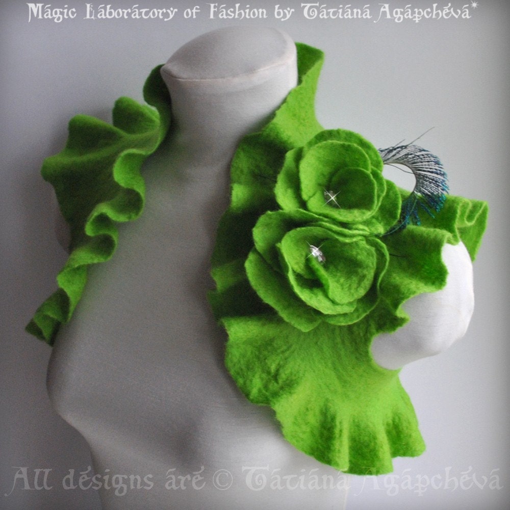 CLEARANCE Bolero, Shrug, Jacket, Absinthe, Green Fairy, Bridal Felted Chartreuse,Two Roses, Peacock Feathers Corsage Saint Patrick's
