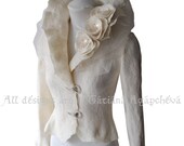 SALE Jacket Wedding Felted  Ivory Long Sleeves /SPLENDOUR/ Merino Silk, Tulle,Roses Corsage, Rhinestones Closure,US size 4