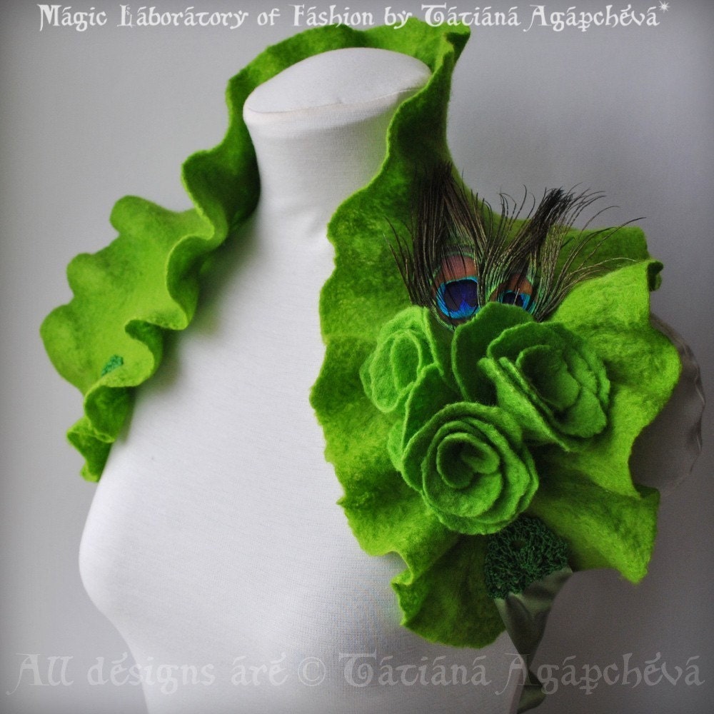 Bolero, Wrap, Capelet, Absinthe, Green Fairy Bridal Felted, LA FEE VERTE Chartreuse,Three Roses, Peacock Corsage Saint Patrick's Day