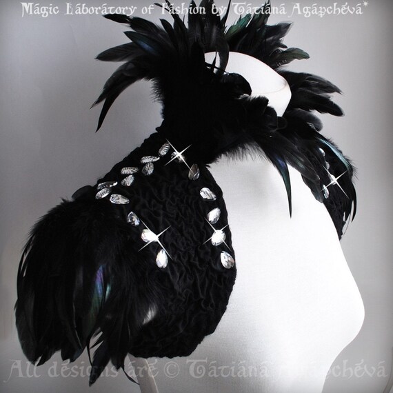 Bolero Shrug La Marquise Casati Goth Decadent Felted Black Silk Chiffon Nunofelt, Feathers Empress Collar Epaulettes Sleeves Rhinestones