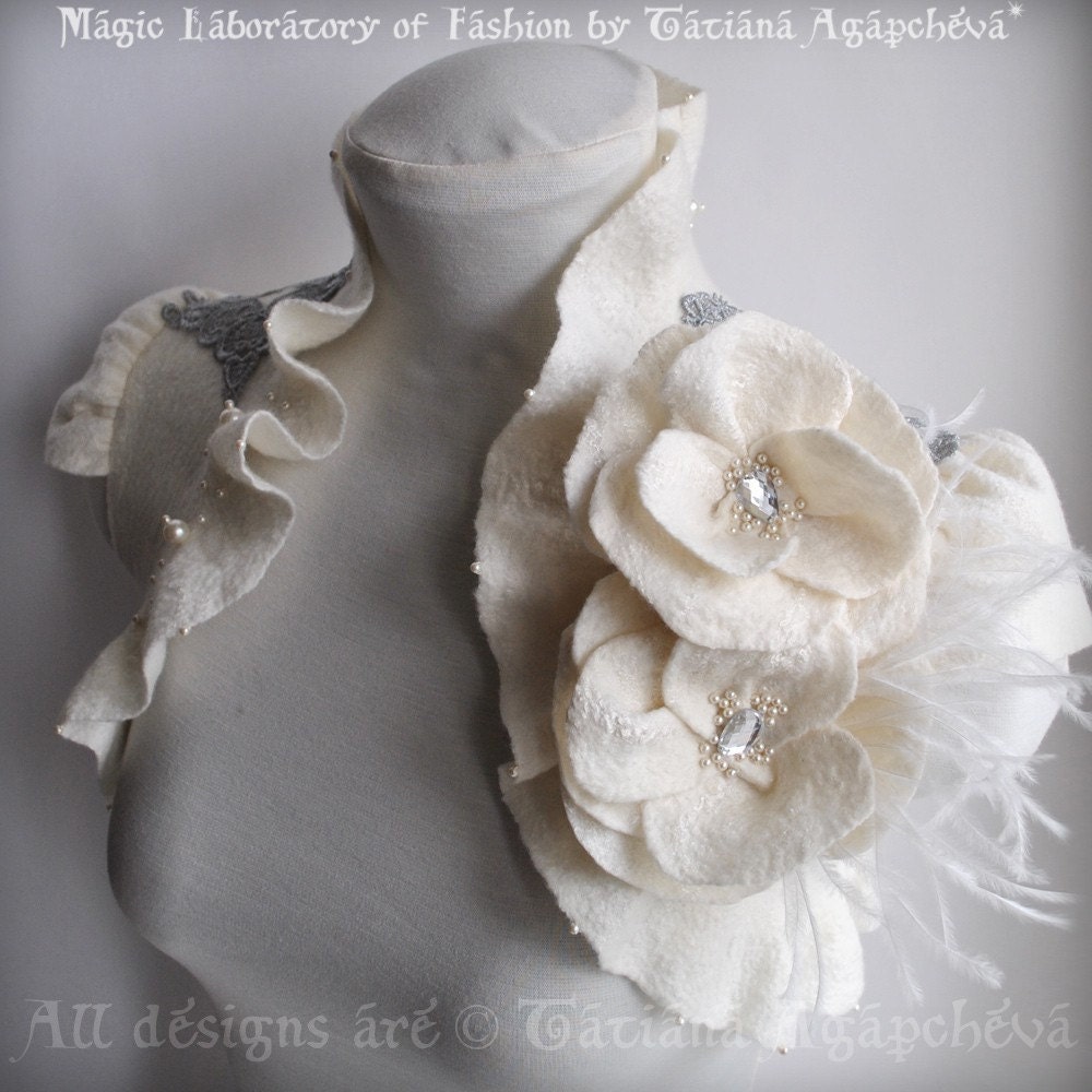 Must Have Bolero, Shrug Wedding /FASHION Philosophy/, Roses, Ostrich Brooch, Silver Embroidery Lace, Couture, US 6 Free Shipping