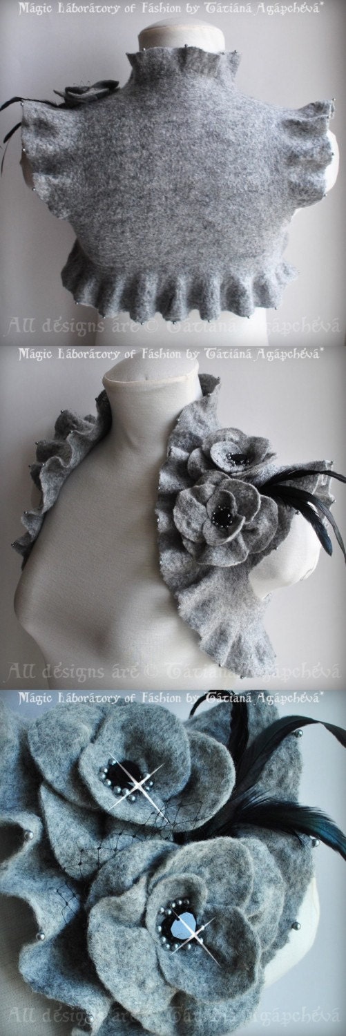 Silver Grey Bolero Shrug Jacket REFLECTION Of Glamour Bridal HAND Felted in Grey, Detachable Double Flowers Corsage US Size 6 / UKSize