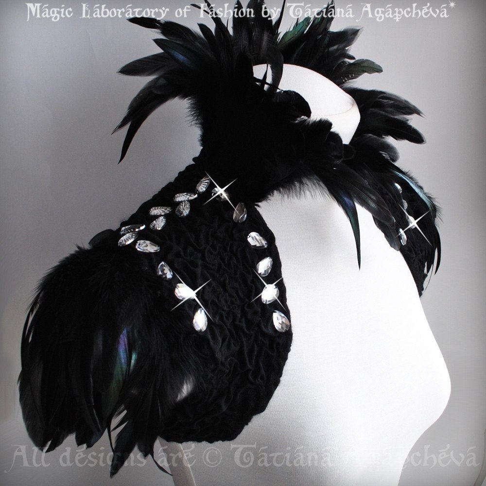 Bolero Shrug La Marquise Casati Goth Decadent Felted Black Silk Chiffon Nunofelt, Feathers Empress Collar Epaulettes Sleeves Rhinestones