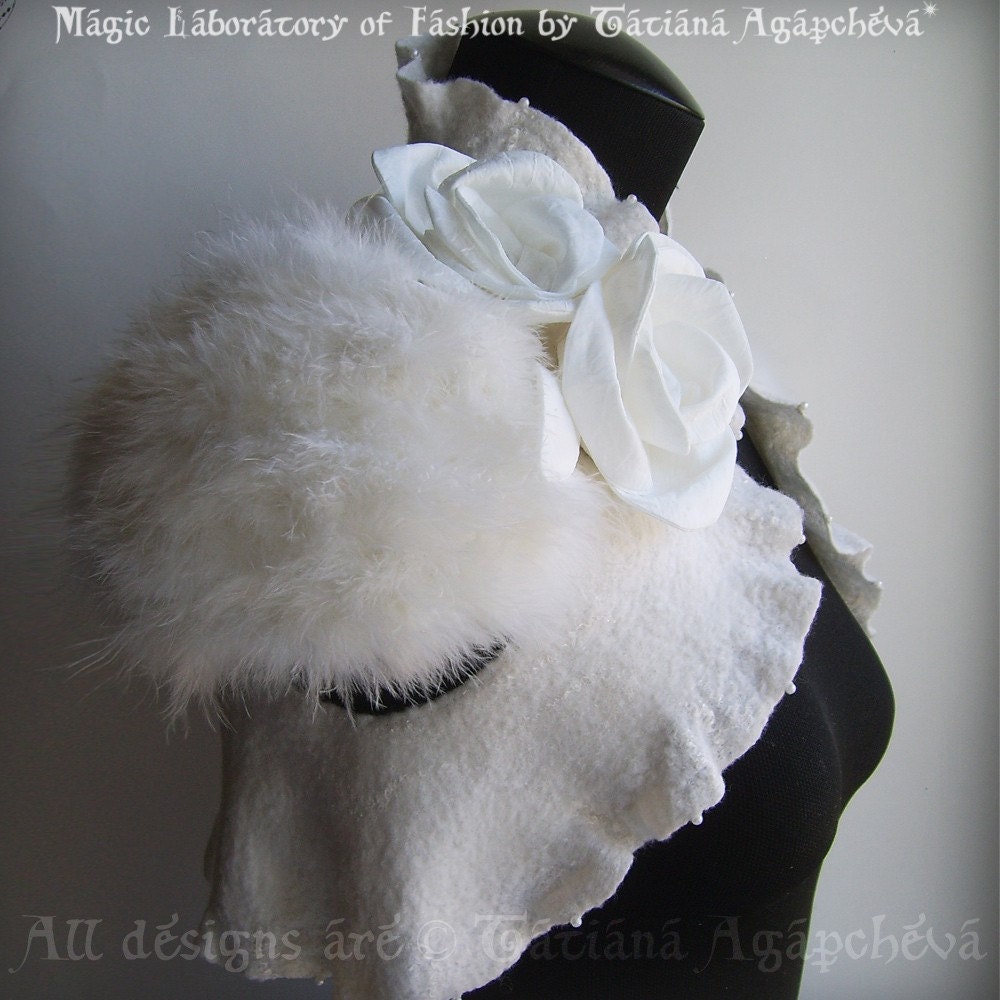 Bolero, Shrug, Jacket Wedding Felted, Marabou Bridal Felted, Cap Sleeves /The Swan Princess/ Roses, Pearls Brooch