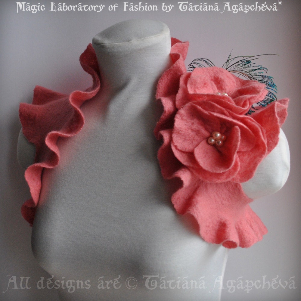 Bolero Shrug Wedding Felted Salmon Pink, Roses, Peacock Corsage, Brooch /Angel of August/, Pearls Beaded US Size 6 /UK Size 10