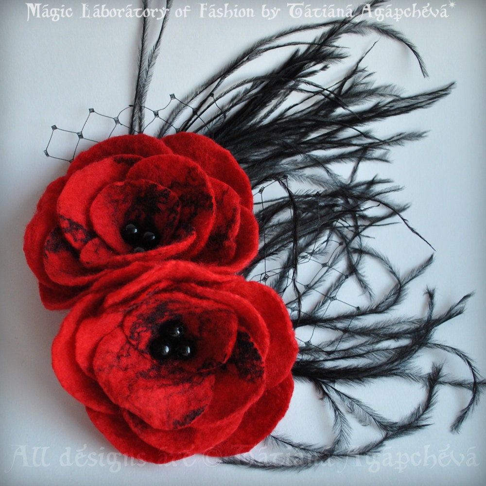 Bolero Shrug, Black Red, Goth Couture Felted Merino Silk, Roses Corsage / Brooch, Cap Sleeves, US 6 Valentines