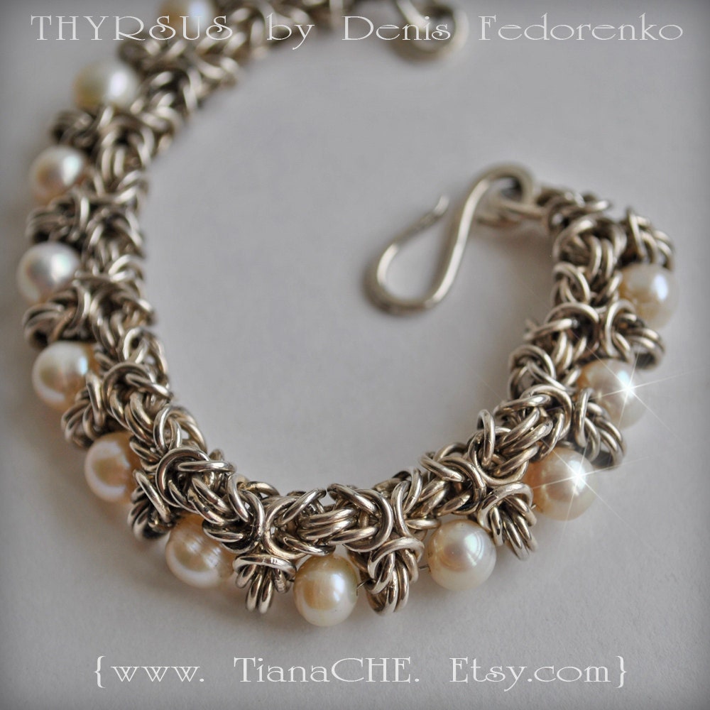 Bracelet Sterling Silver Chainmaille THYRSUS Akoya Pearls Statement Gemstones Bridal, Prom, Heirloom Byzantine Tudor, Hammered Hook Clasp