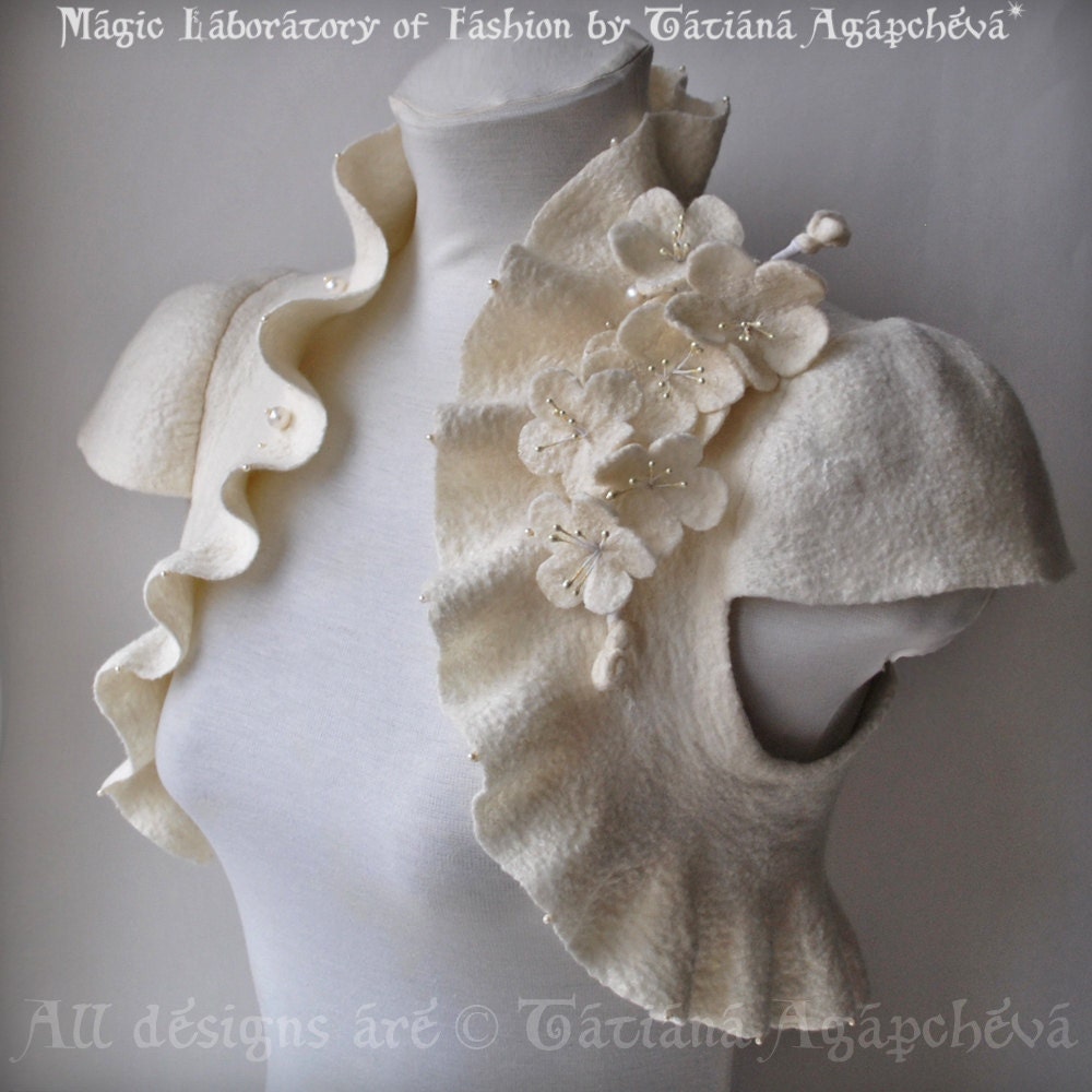 Statement Bolero, Shrug, Jacket, Ivory, Wedding Felted Couture, Blossoms Cherry Corsage, Cap Sleeves, US 6 /CHERRY Blossoms/