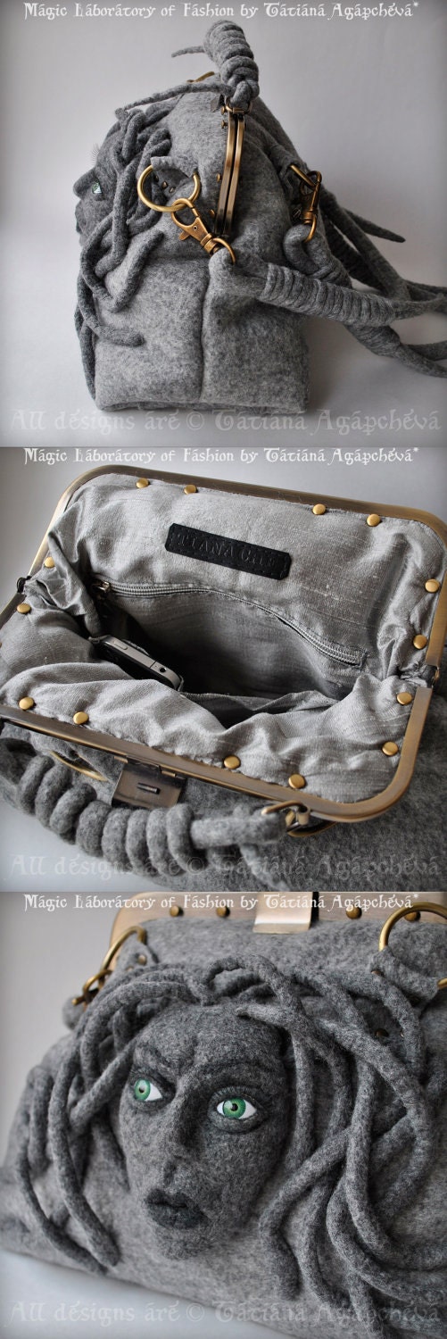 MEDUSA Gorgona Satchel Gladstone, Doctors Bag, Felted, Meduse Head, Detachable handles, Antique Bronze Hardware, Australia merino,2012