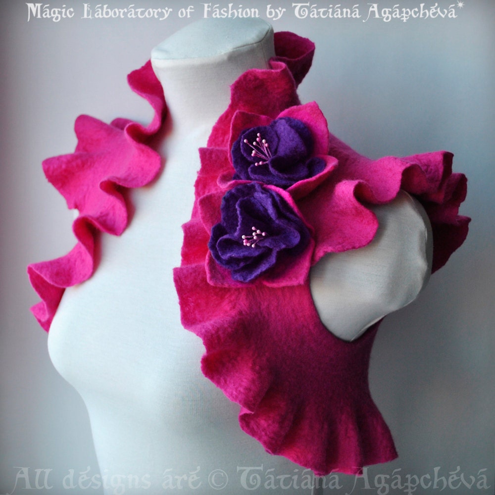 Bolero, Shrug, FUCHSIA Wedding Jacket Felted, Bridal, Two realistic Fuchsia Flowers Corsage US Size 6, 2012 Design