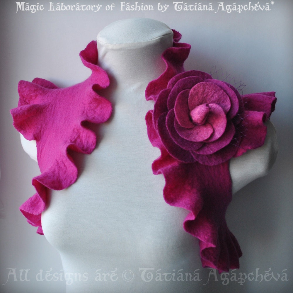 CLEARANCe Fuchsia Bolero, Shrug, Wedding Jacket, Felted, Huge Rose Corsage US Size 6, 2012 Design FUCHSIA ROSE
