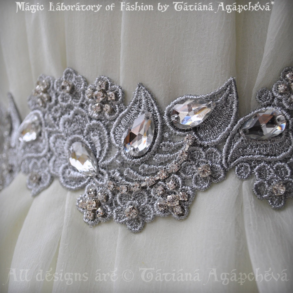 Clearance Reg. 245 Sash Belt Bridal Rhinestones, Crystals Silver Venice Lace