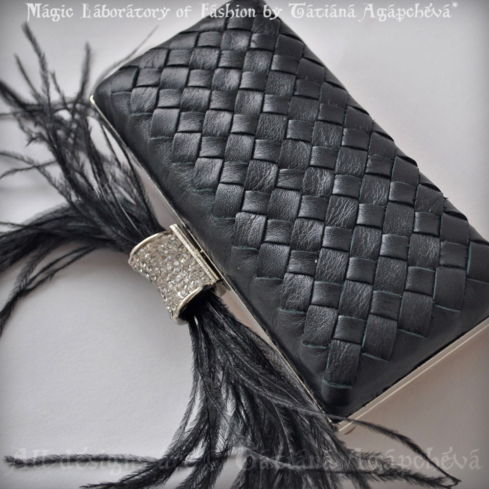 CLEARANCE Clutch, Purse Leather Italian Black Lambskin, intrecciato, Luxury, VENETO 1 TianaCHE