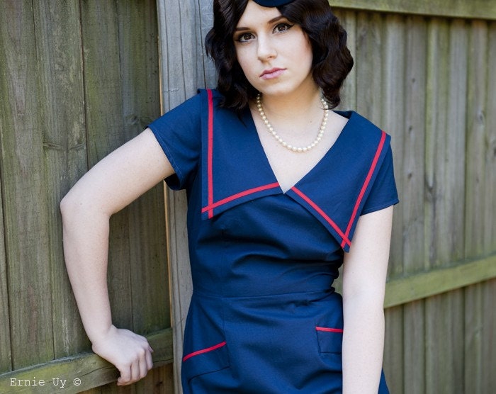Sailor collar dress, retro 50s style, navy blue cotton v-neck - JENNY style