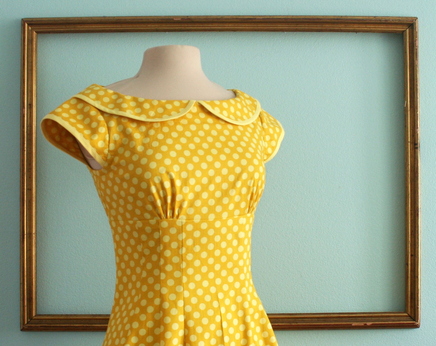 peter pan collar dress with cap sleeves in Yellow polka dot - MARIE Style