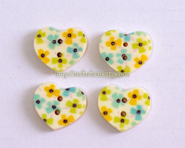 Wooden Buttons - Heart Shape, Pinwheel Flowers, Choose One Color (4 in a set)